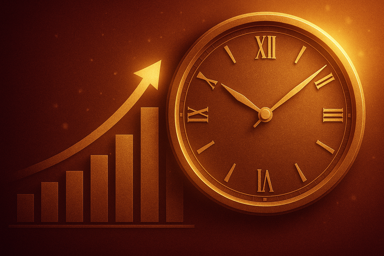 Analog clock with Roman numerals and rising graph